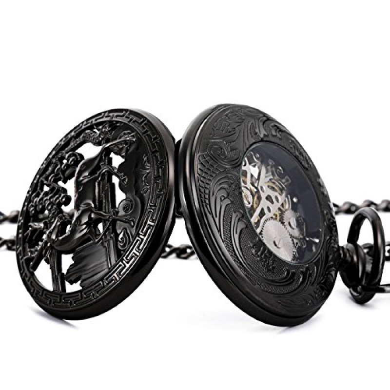 TREEWETO 빈티지 회중 시계 기계식 더블 커버 중공 케이스 해골 Steampunk 사슴 케이스 남성 여성, 블랙