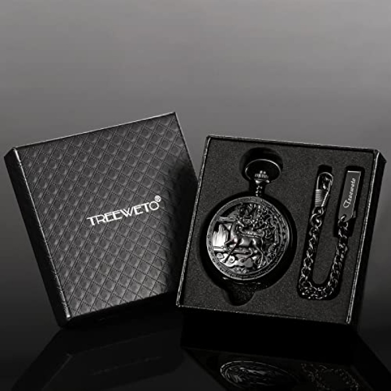 TREEWETO 빈티지 회중 시계 기계식 더블 커버 중공 케이스 해골 Steampunk 사슴 케이스 남성 여성, 블랙