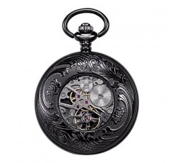 TREEWETO 빈티지 회중 시계 기계식 더블 커버 중공 케이스 해골 Steampunk 사슴 케이스 남성 여성, 블랙