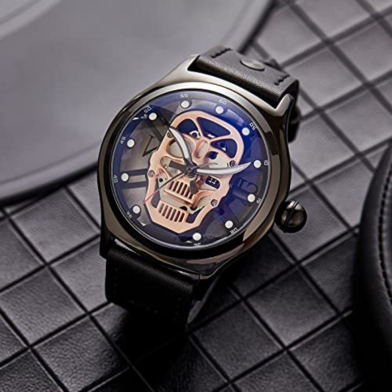 SURVAN WatchDesigner 남성용 시계 일본 쿼트 남성용 손목 시계 빛나는 해골 해골 블랙 가죽 스트랩 남성용 시계 방수