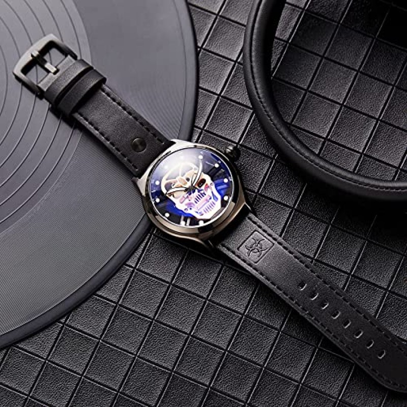 SURVAN WatchDesigner 남성용 시계 일본 쿼트 남성용 손목 시계 빛나는 해골 해골 블랙 가죽 스트랩 남성용 시계 방수