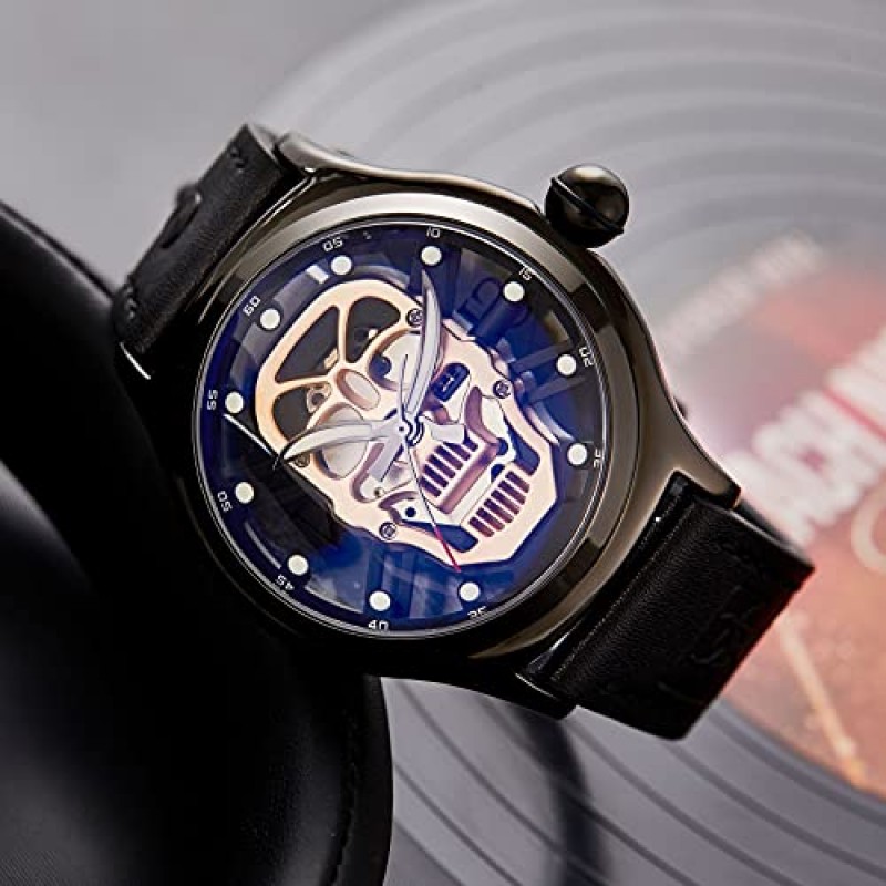 SURVAN WatchDesigner 남성용 시계 일본 쿼트 남성용 손목 시계 빛나는 해골 해골 블랙 가죽 스트랩 남성용 시계 방수