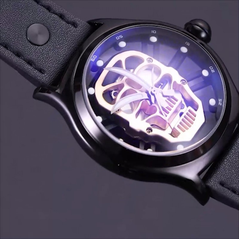 SURVAN WatchDesigner 남성용 시계 일본 쿼트 남성용 손목 시계 빛나는 해골 해골 블랙 가죽 스트랩 남성용 시계 방수