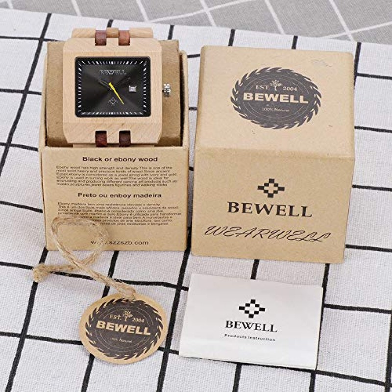 BEWELL 남성용 우드 시계 스퀘어(날짜 표시 포함) 수제 나무 밴드 경량 손목시계