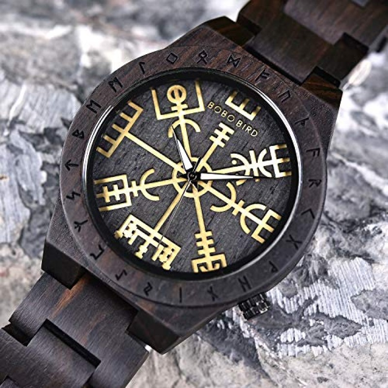 BOBO BIRD 수제 나무 남성 시계 독특한 룬 문자 원형 시계 Vegvisir 시계의 황금 상징 경량 패션 석영 손목 시계