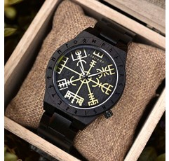 BOBO BIRD 수제 나무 남성 시계 독특한 룬 문자 원형 시계 Vegvisir 시계의 황금 상징 경량 패션 석영 손목 시계