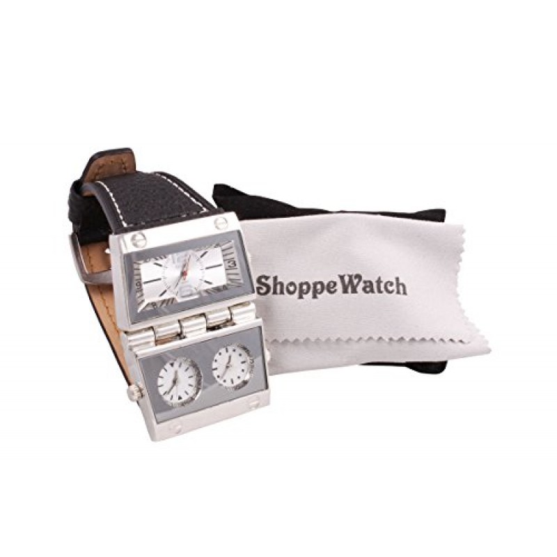 ShoppeWatch 남성용 시계 대형 페이스 오버사이즈 3개 시간대 멀티 다이얼 가죽 밴드 OM-165