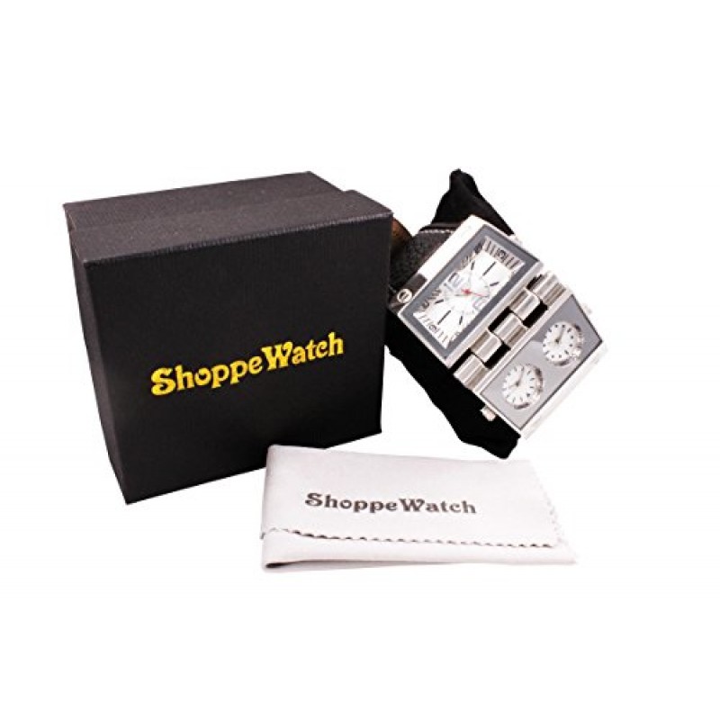 ShoppeWatch 남성용 시계 대형 페이스 오버사이즈 3개 시간대 멀티 다이얼 가죽 밴드 OM-165