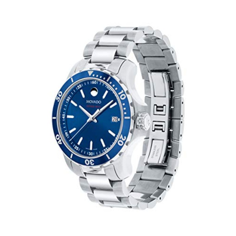 Movado 남성용 시리즈 800 스포츠 스테인리스 시계(프린티드 인덱스 다이얼 포함), 실버/블루(모델 2600137)