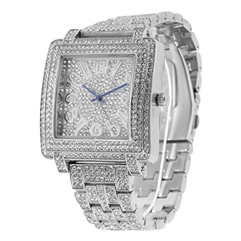 Biggie Bling-ed Out Easy Reader - 정사각형 남녀공용 시계 다이얼에 아랍어 # 표시 - 포인트를 주고 싶은 남성과 여성에게 적합 - 세트에는 블링 아웃 실버 쿠바 팔찌 - ST10246SB -Cuban 포함