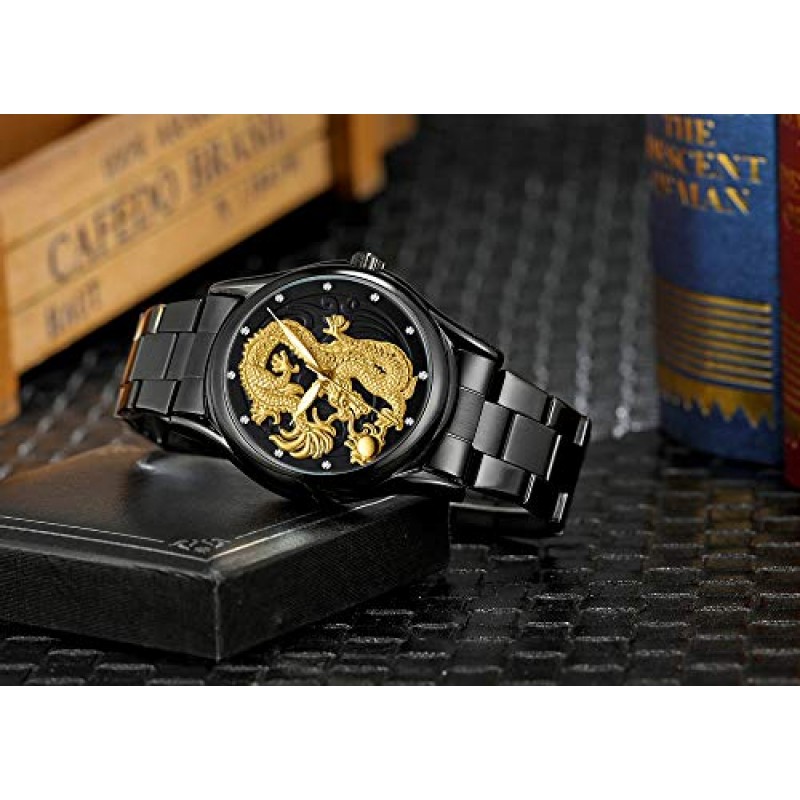 Udaney Mens Dragon Quartz 비즈니스 손목시계 스테인레스 스틸 스트랩 선물 달력과 아버지 남편 아들