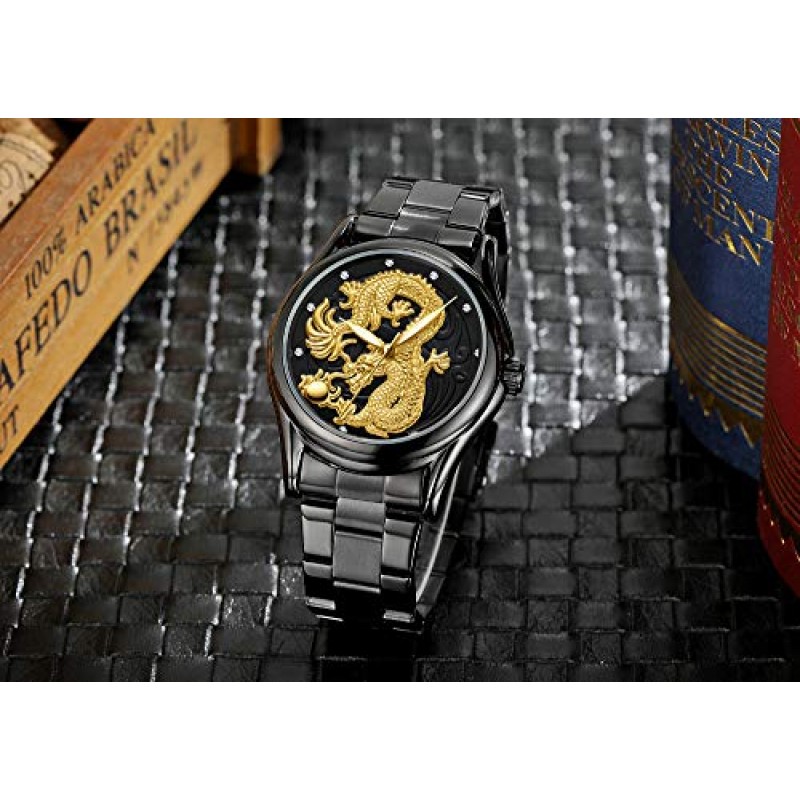 Udaney Mens Dragon Quartz 비즈니스 손목시계 스테인레스 스틸 스트랩 선물 달력과 아버지 남편 아들