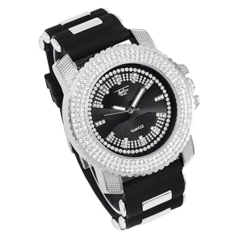 Techno Pave 남성용 46mm ICY 아날로그 시계, 다이아몬드 스터드 다이얼 및 아이스 아웃 베젤 - 실리콘 밴드 스트랩 및 스테인리스 스틸 뒷면 - 14k 골드 및 실버 마감 - 쿼츠 무브먼트