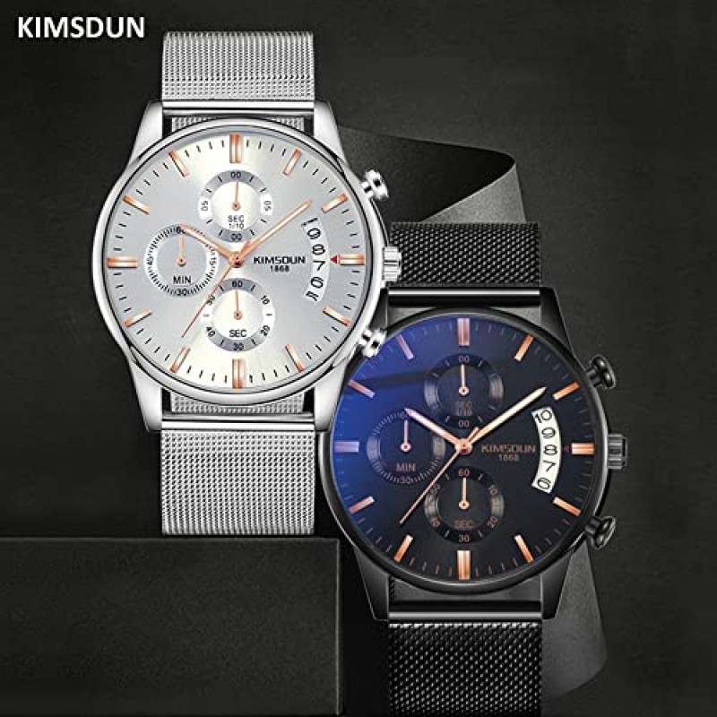 KIMSDUN 패션 스포츠 시계, 다이얼 3개, 스톱워치, 방수, 아날로그 쿼츠, 날짜 달력 손목시계, 슬림 캐주얼 시계, 남성용 스테인레스 스틸/진짜 가죽 스트랩, 학생용