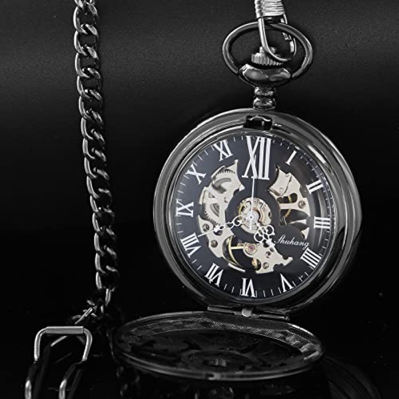 Alwesam 기계식 손 바람 회중 시계 로마 숫자 스케일 Steampunk 체인 박스 포함