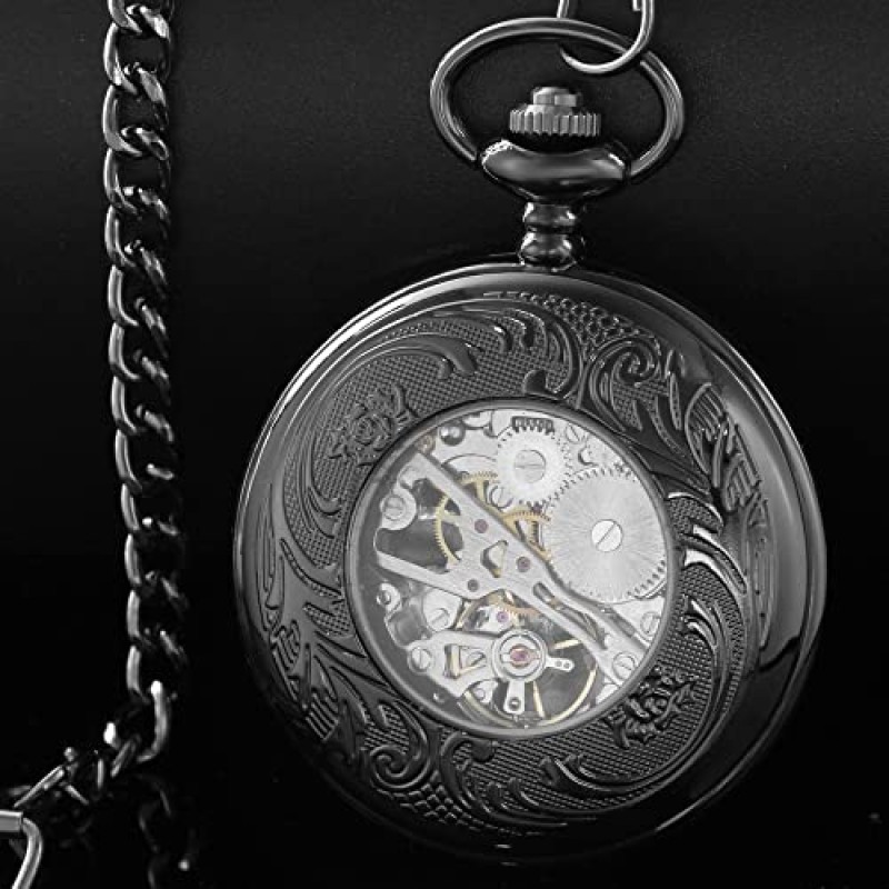 Alwesam 기계식 손 바람 회중 시계 로마 숫자 스케일 Steampunk 체인 박스 포함