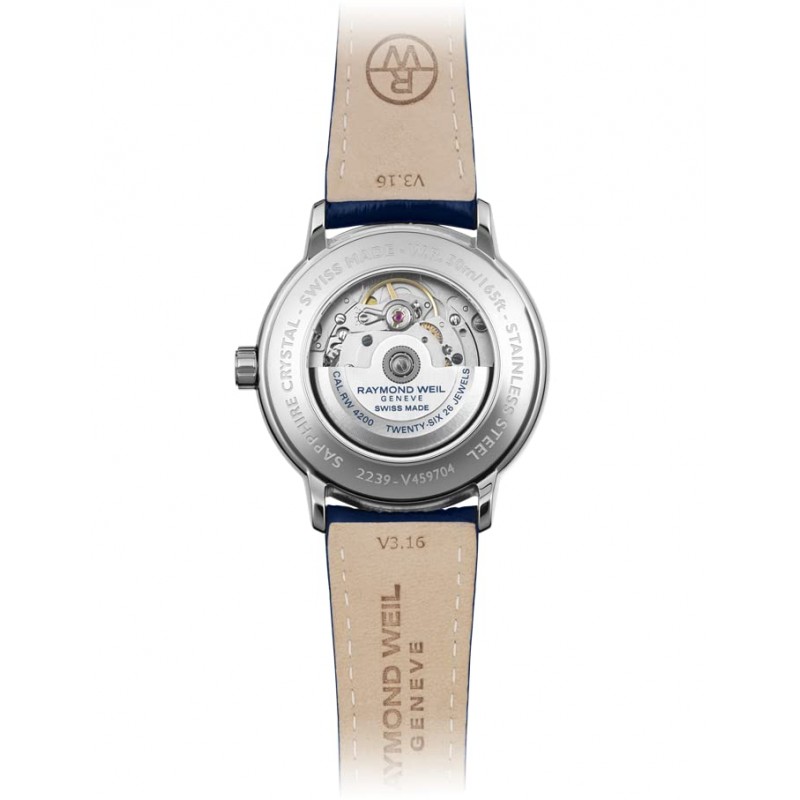 Raymond Weil Maestro 남성용 오토매틱 시계, 실버 다이얼 로마 숫자, 문 페이즈, 블루 가죽 스트랩 39.5mm (모델: 2239-STC-00659)
