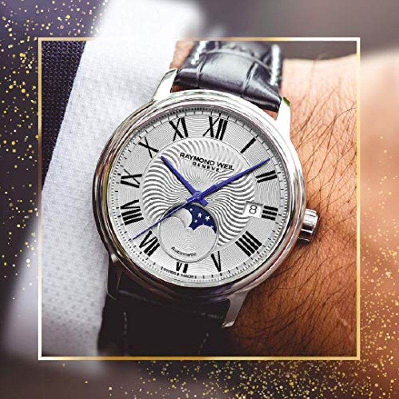 Raymond Weil Maestro 남성용 오토매틱 시계, 실버 다이얼 로마 숫자, 문 페이즈, 블루 가죽 스트랩 39.5mm (모델: 2239-STC-00659)