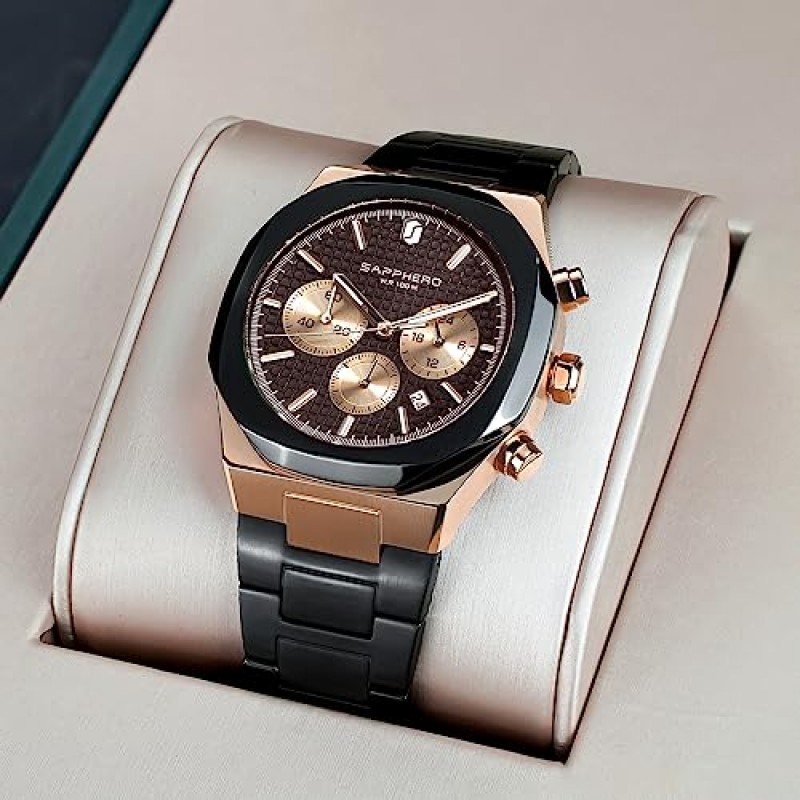 SAPPHERO 남성용 럭셔리 시계 쿼츠 무브먼트 크로노그래프 손목 남성용 시계 다기능 다이얼 10ATM 방수 날짜 캐주얼 비즈니스 고급 작업 시계 남성용 스테인레스 스틸 팔찌