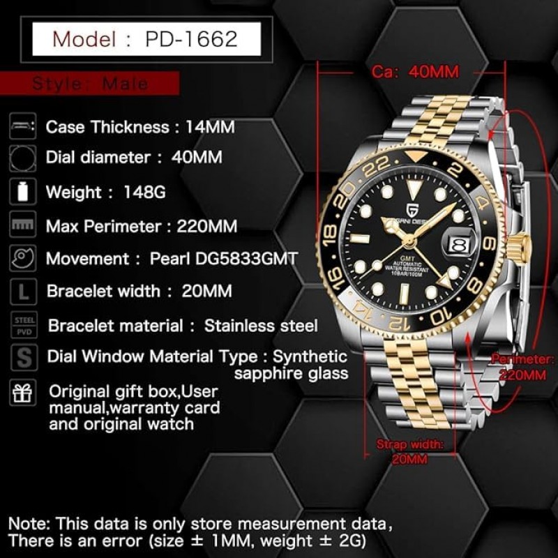 BY BENYAR 파가니 디자인 GMT 남성용 시계, 럭셔리 사파이어 글래스 기계식 시계, 남성용 40mm 스테인레스 스틸 방수 자동 시계 1662…
