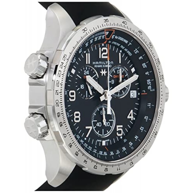 해밀턴 시계 남성용 카키 에비에이션 X-Wind GMT 크로노그래프 쿼츠 시계 | 스위스 메이드 | 46mm 스테인레스 스틸 케이스 | 블랙 다이얼 아날로그 시계 | 사파이어 크리스탈, 블랙 러버 스트랩(모델: H77912335)