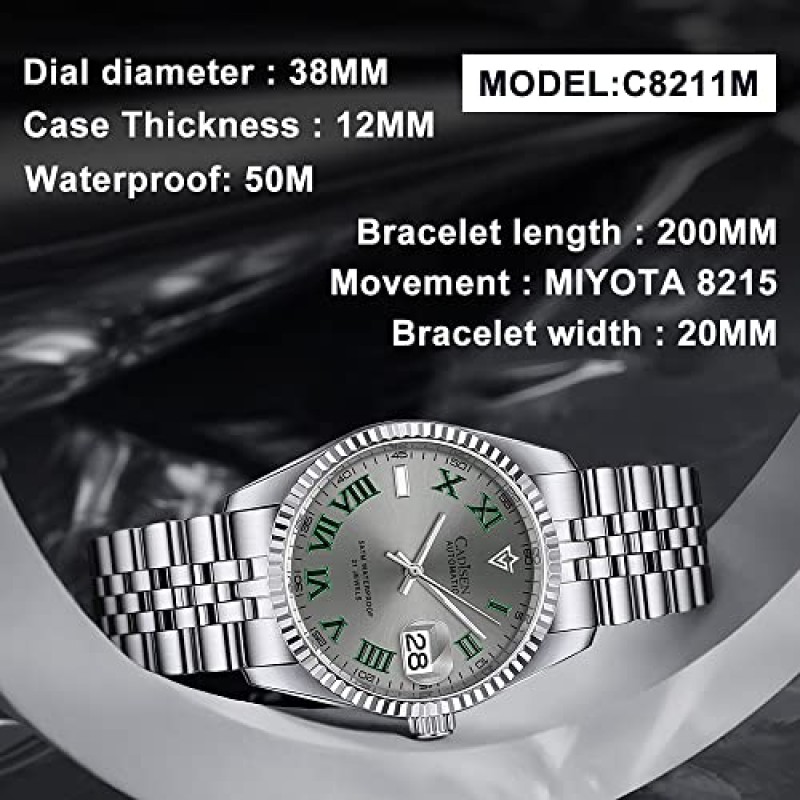 CADISEN 38MM 남성용 자동 기계식 시계 럭셔리 AR 사파이어 방수 스테인레스 스틸 MIYOTA 8215 Reloj Hombre