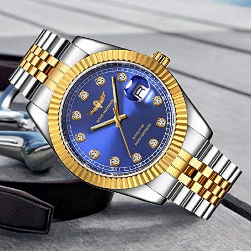 ROAD WARRIOR 남성용 시계 Reloj para Hombre 금 시계 럭셔리 아날로그 석영, 달력 표시 스테인레스 스틸 밴드 Datejust 요일 날짜가 포함된 사파이어 크리스탈.