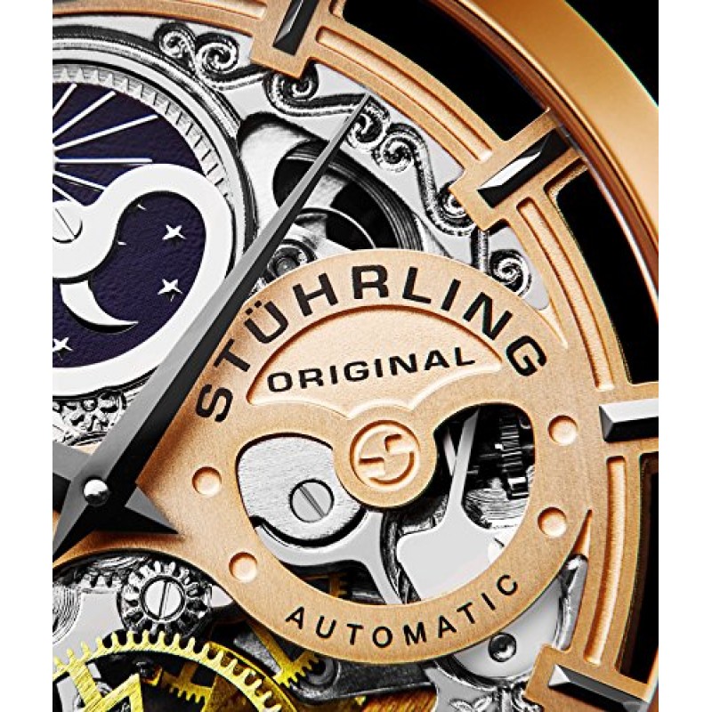 Stuhrling Original Mens 자동 자동 바람 럭셔리 드레스 스켈레톤 듀얼 타임 골드 톤 손목 시계 22 보석 47 mm 스테인레스 스틸 케이스