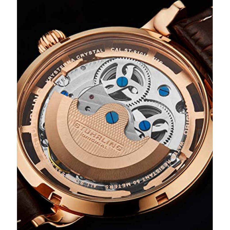 Stuhrling Original Mens 자동 자동 바람 럭셔리 드레스 스켈레톤 듀얼 타임 골드 톤 손목 시계 22 보석 47 mm 스테인레스 스틸 케이스