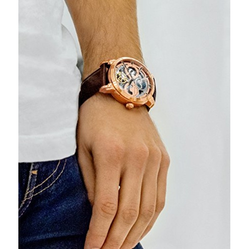 Stuhrling Original Mens 자동 자동 바람 럭셔리 드레스 스켈레톤 듀얼 타임 골드 톤 손목 시계 22 보석 47 mm 스테인레스 스틸 케이스