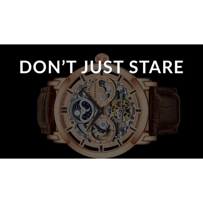 Stuhrling Original Mens 자동 자동 바람 럭셔리 드레스 스켈레톤 듀얼 타임 골드 톤 손목 시계 22 보석 47 mm 스테인레스 스틸 케이스