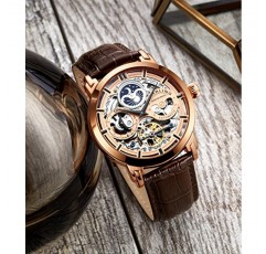 Stuhrling Original Mens 자동 자동 바람 럭셔리 드레스 스켈레톤 듀얼 타임 골드 톤 손목 시계 22 보석 47 mm 스테인레스 스틸 케이스