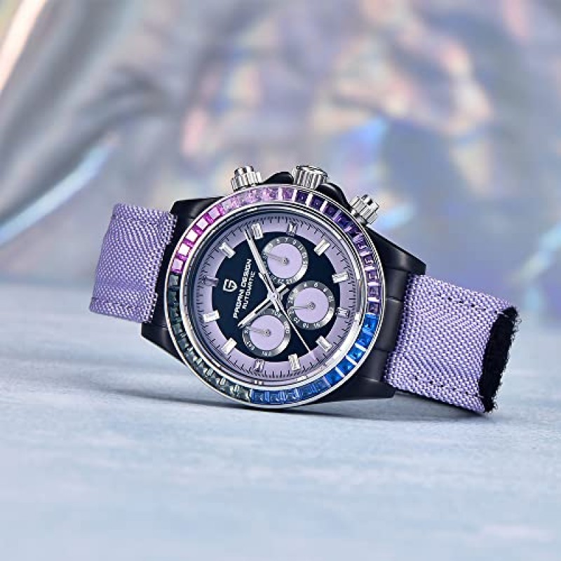 Pagani Design 럭셔리 남성용 자동 기계식 시계 40mm 합성 사파이어 레인보우 베젤 크리스탈 다이아몬드 가죽 나일론 스트랩 방수 스포츠 손목 시계
