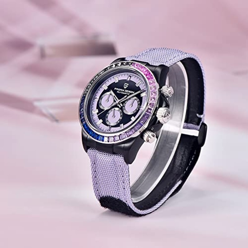 Pagani Design 럭셔리 남성용 자동 기계식 시계 40mm 합성 사파이어 레인보우 베젤 크리스탈 다이아몬드 가죽 나일론 스트랩 방수 스포츠 손목 시계