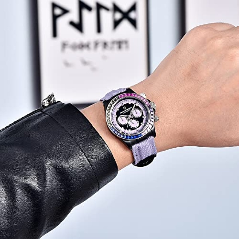 Pagani Design 럭셔리 남성용 자동 기계식 시계 40mm 합성 사파이어 레인보우 베젤 크리스탈 다이아몬드 가죽 나일론 스트랩 방수 스포츠 손목 시계