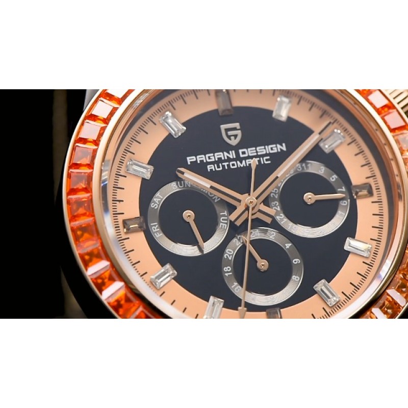Pagani Design 럭셔리 남성용 자동 기계식 시계 40mm 합성 사파이어 레인보우 베젤 크리스탈 다이아몬드 가죽 나일론 스트랩 방수 스포츠 손목 시계