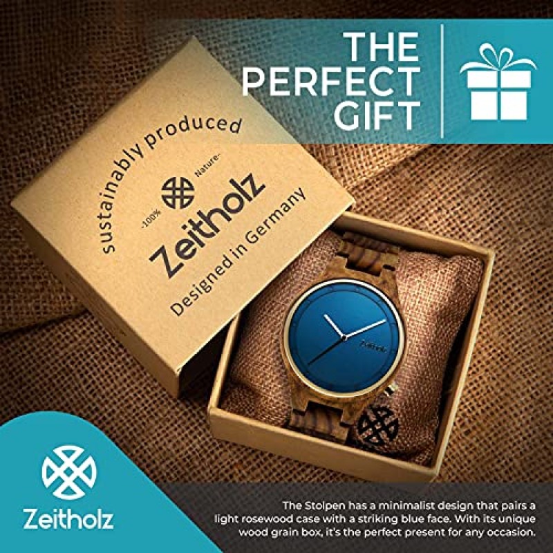 남성용 Zeitholz 목재 시계, 나무 시계, 선물, 아날로그 시계, Stolpen 컬렉션 42mm, 일본 석영 무브먼트를 사용한 100% 천연.