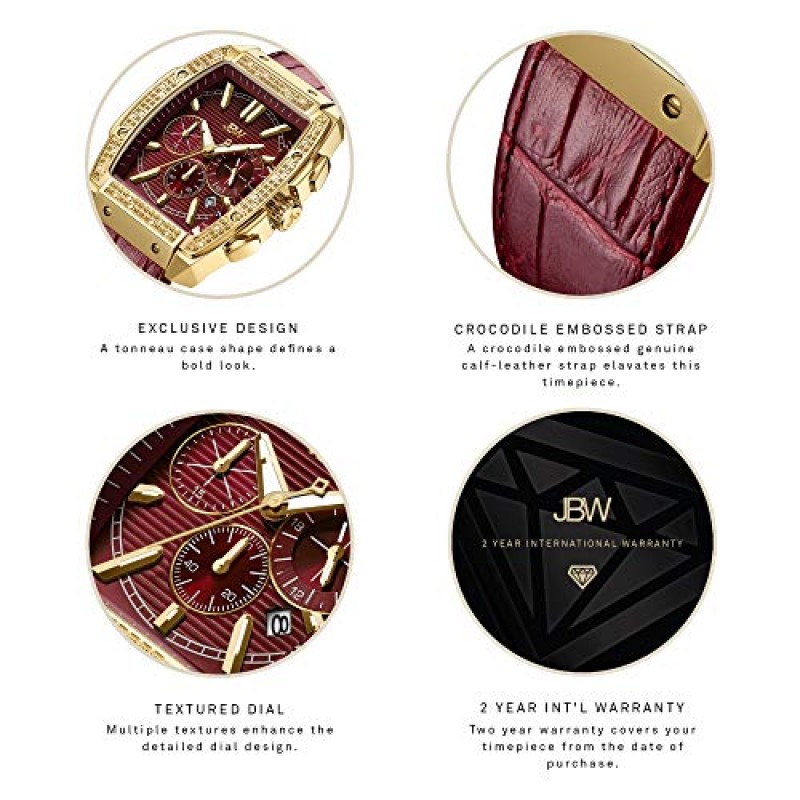 JBW 럭셔리 남성용 Echelon J6379 0.28 ctw 28 다이아몬드 손목시계, 정품 악어 가죽 팔찌, 41mm