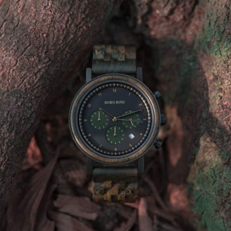 BOBO BIRD Mens 클래식 나무 시계 럭셔리 석영 손목 시계 비즈니스 스테인레스 스틸 크로노 그래프 시계 날짜 표시