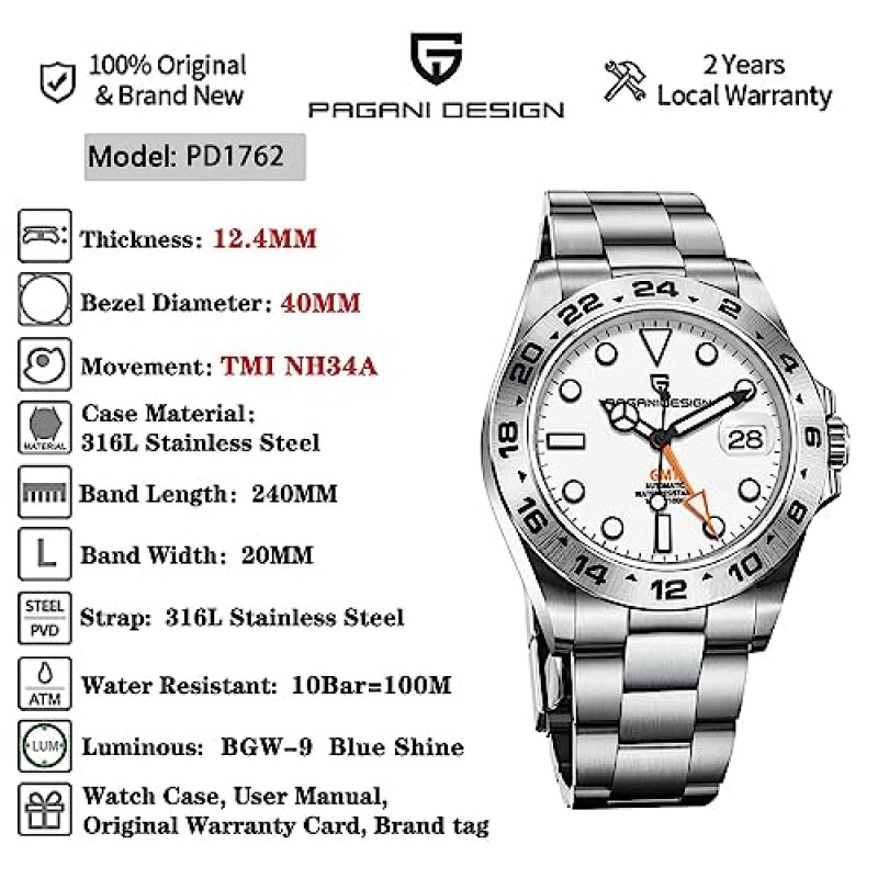 PAGRNE DESIGN 남성용 Pagani 디자인 시계 일본 NH34 자동 GMT 시계 기계식 40mm 스테인레스 스틸 사파이어 미러 10Bar 다이브 시계 1762