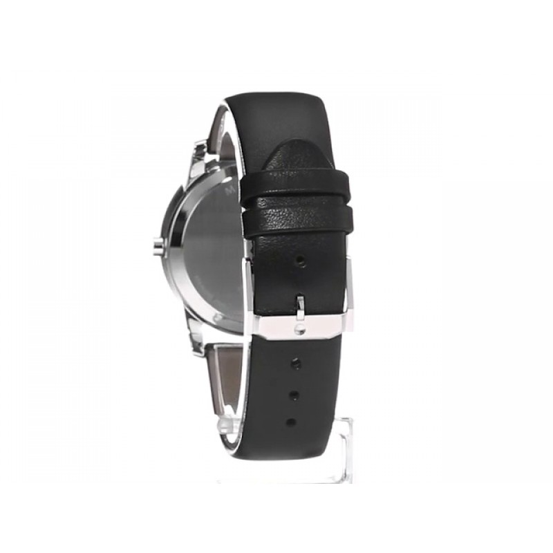 Movado 남성용 0606502 박물관 스테인리스 스틸 시계 및 블랙 가죽 밴드