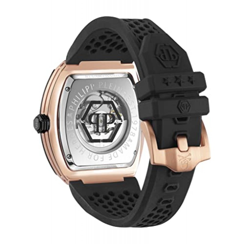 Philipp Plein $keleton 컬렉션 투톤 케이스와 그레이 다이얼이 특징인 블랙 스트랩이 있는 럭셔리 남성용 시계 시계