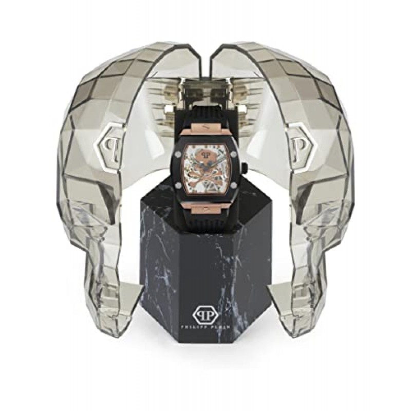 Philipp Plein $keleton 컬렉션 투톤 케이스와 그레이 다이얼이 특징인 블랙 스트랩이 있는 럭셔리 남성용 시계 시계