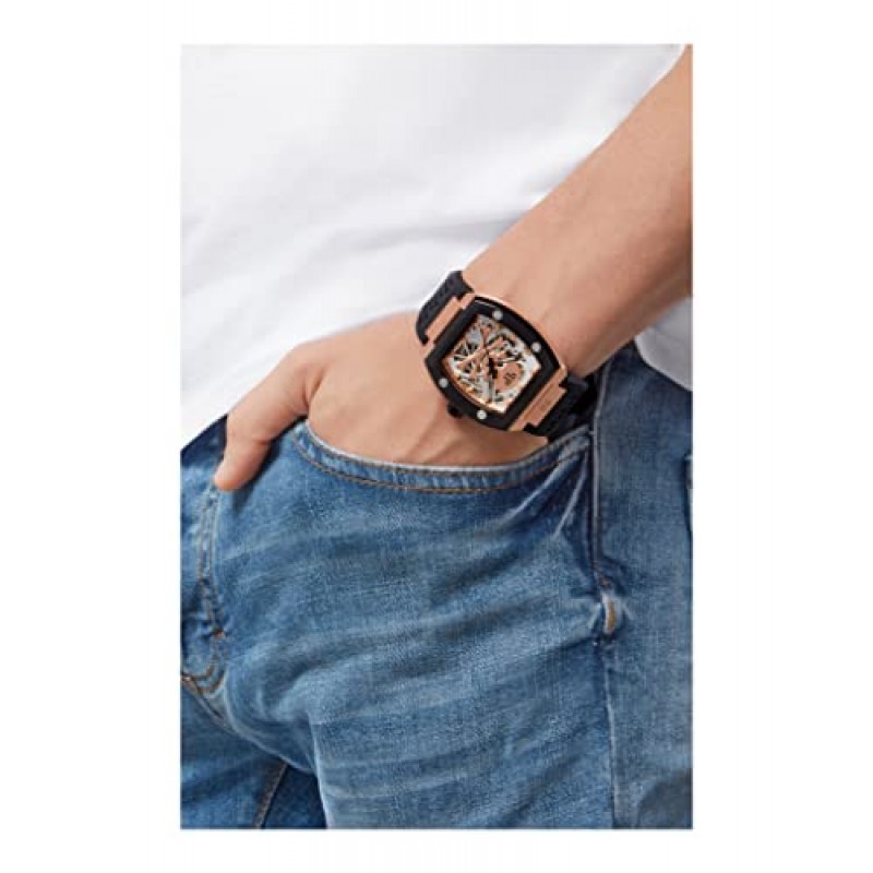 Philipp Plein $keleton 컬렉션 투톤 케이스와 그레이 다이얼이 특징인 블랙 스트랩이 있는 럭셔리 남성용 시계 시계