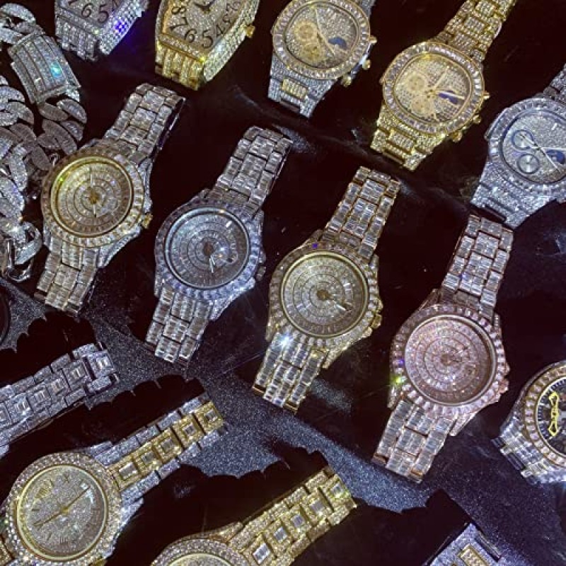 ICEDIAMOND 42mm 아이스 아웃 바게트 CZ 다이아몬드 캘린더 손목 시계, 금도금 전체 브라이트 지르코니아 스톤 남성용 라운드 다이얼 팔찌 쿼츠 시계