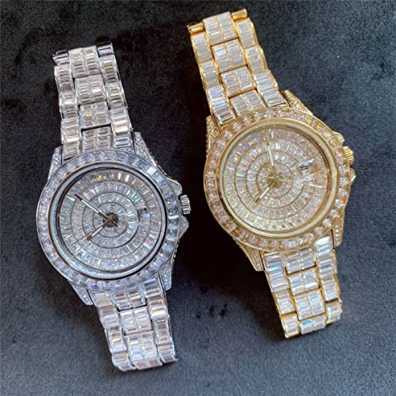 ICEDIAMOND 42mm 아이스 아웃 바게트 CZ 다이아몬드 캘린더 손목 시계, 금도금 전체 브라이트 지르코니아 스톤 남성용 라운드 다이얼 팔찌 쿼츠 시계
