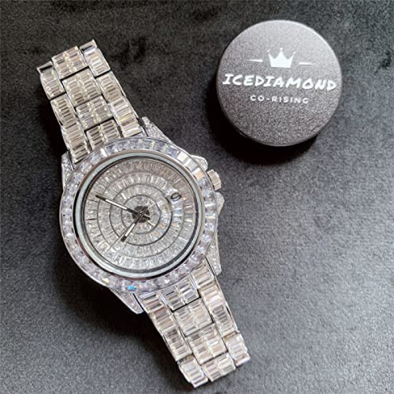 ICEDIAMOND 42mm 아이스 아웃 바게트 CZ 다이아몬드 캘린더 손목 시계, 금도금 전체 브라이트 지르코니아 스톤 남성용 라운드 다이얼 팔찌 쿼츠 시계