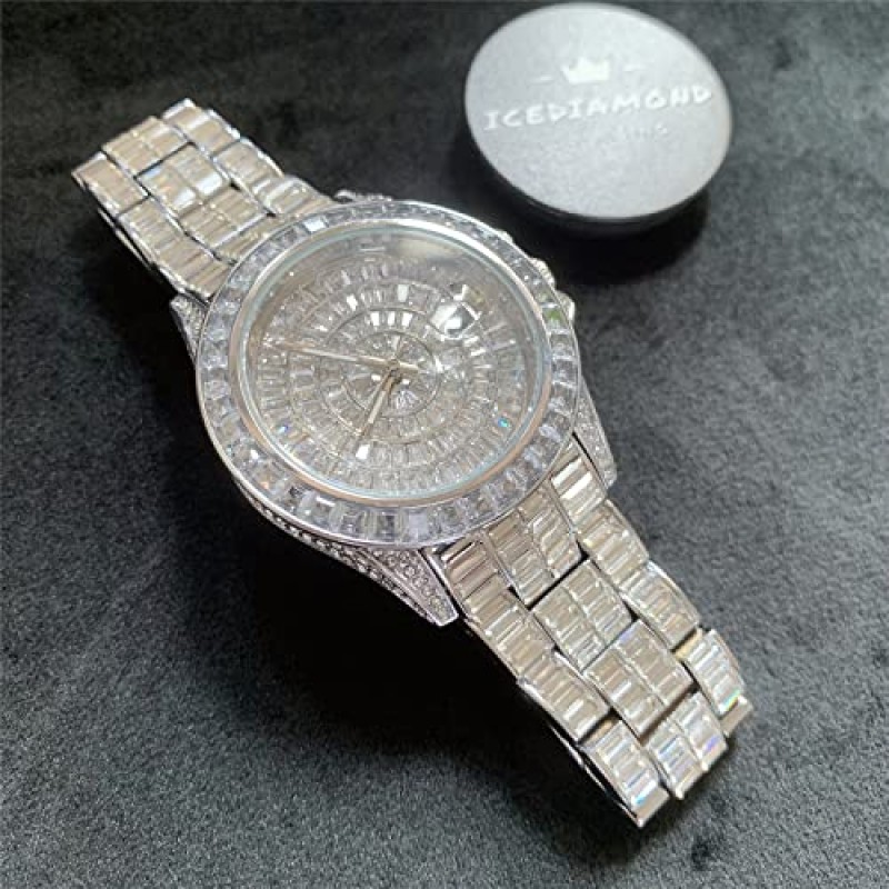 ICEDIAMOND 42mm 아이스 아웃 바게트 CZ 다이아몬드 캘린더 손목 시계, 금도금 전체 브라이트 지르코니아 스톤 남성용 라운드 다이얼 팔찌 쿼츠 시계
