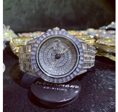 ICEDIAMOND 42mm 아이스 아웃 바게트 CZ 다이아몬드 캘린더 손목 시계, 금도금 전체 브라이트 지르코니아 스톤 남성용 라운드 다이얼 팔찌 쿼츠 시계