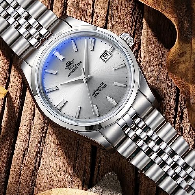 ADDIESDIVE 39MM 자동 시계 또는 남성용 심플 실버 다이얼 희년 스틸 스트랩 NH35A 무브먼트 AD2029